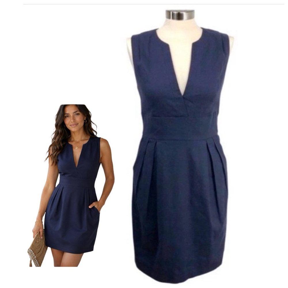 Adam by Adam Lippes Navy Blue Linen Blend Dress Size 2 Sleeveless V Neck Size 2